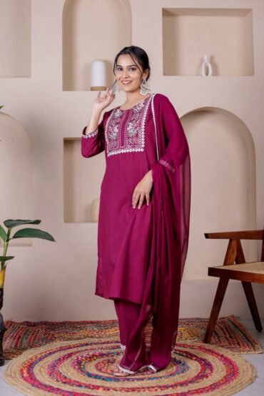 WINE BLOSSOM EMBROIDERED KURTA SET