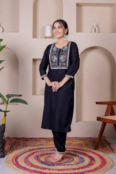 BLACK BLOSSOM EMBROIDERED KURTA SET